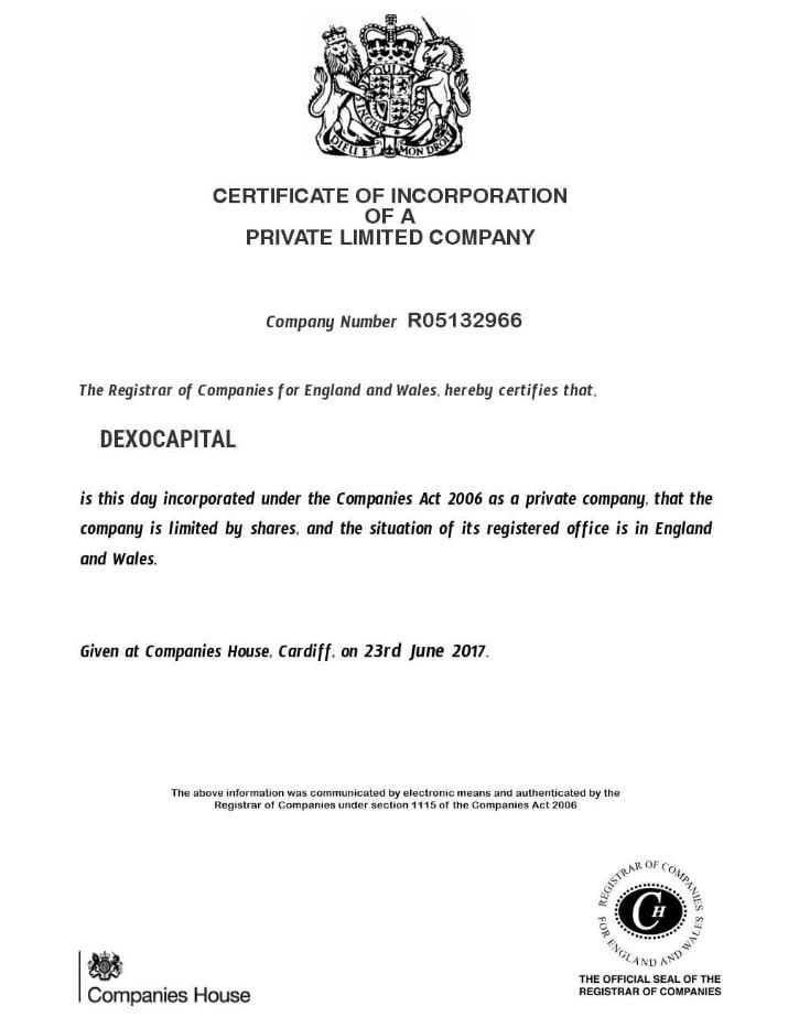 DexoCapital Certificate of Incorporation